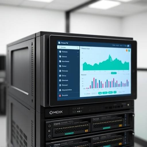 A close-up view of a server rack with a Proxmox VE server highlighted by its web interface displayed on a monitor. The interface shows virtual machines and resource utilization metrics.