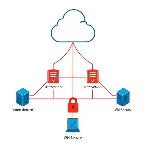 Diagram illustrating a secure network with firewalls, intrusion detection systems, and segmented virtual machines.